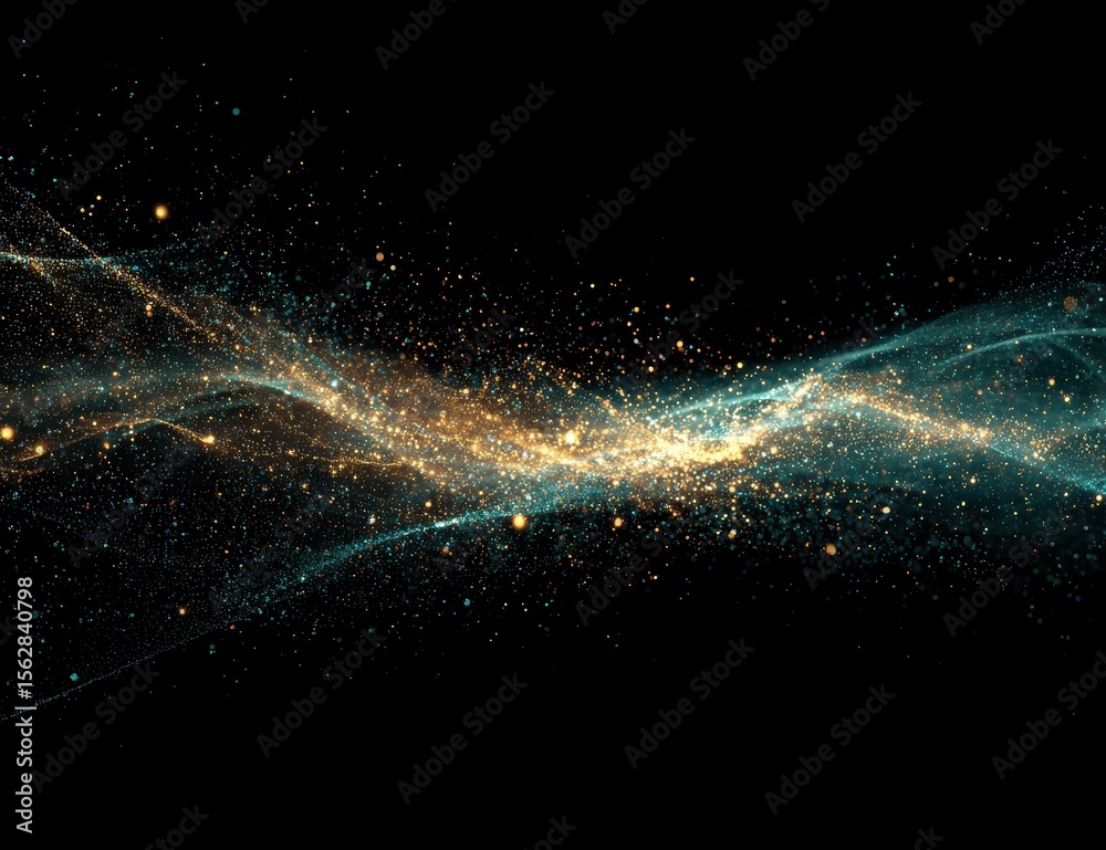 Poster Teal and gold particle wave flowing across a black background.  The particles are luminous and create a sense of movement and energy