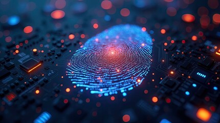 Digital fingerprint scan illuminated in blue and red lights 
