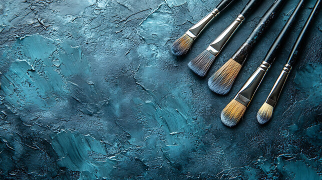 Paintbrushes on textured blue background representing artistic tools and creative process for art and design
