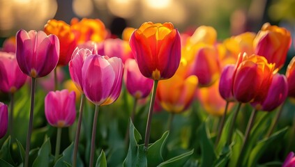 Fototapeta premium Vibrant tulips in a garden bathed in warm sunlight