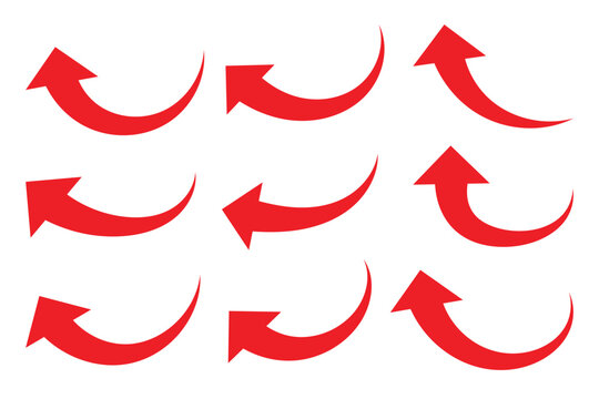 Long curved arrow vector. Red arrow curve direction vector. Hand drawn arrow collection. Bold arrow symbol curved flat design isolated. Modern simple arrow. Vector illustration 