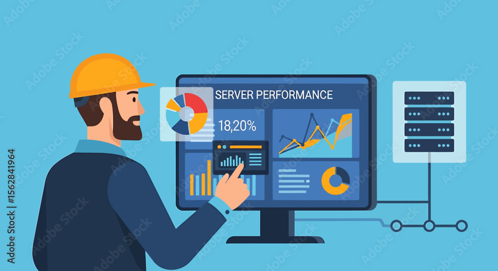 Poster bearded engineer analyzing server performance data on a large monitor