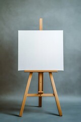 Blank canvas on wooden easel against a gray backdrop