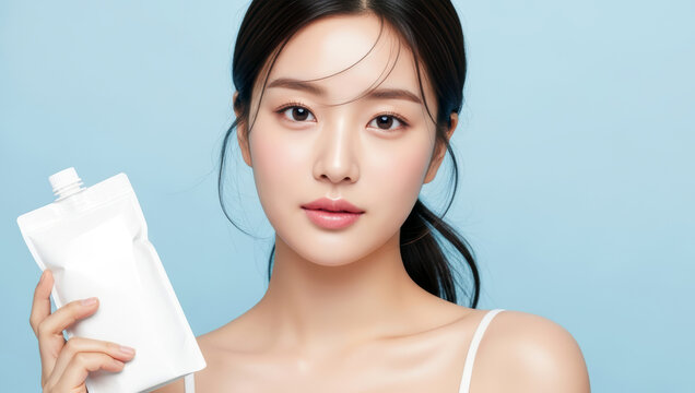 깨끗한 피부의 한국 여성이 하얀 파우치 제품을 들고 있는 뷰티 이미지