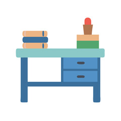 Minimalist desk with books and box against a black background