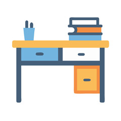 Stylized desk with office supplies and books illustration