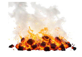 Burning coals with bright orange flames and smoke isolated on transparent background