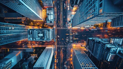 Aerial view of a busy urban intersection at night, showcasing skyscrapers and illuminated roadways