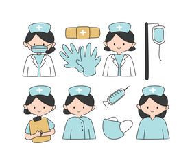 Collection of hand drawn cartoon nurses with medical supplies