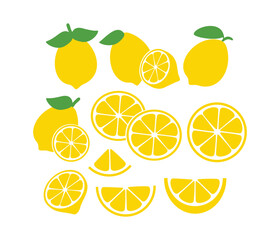 Collection of lemons and lemon slices with leaves in flat style