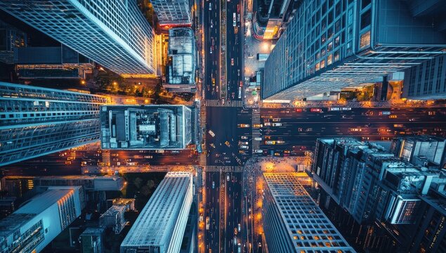 Aerial view of a busy urban intersection at night, showcasing skyscrapers and illuminated roadways