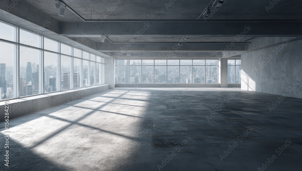 Poster sunlit empty loft space with expansive city views through large windows, showcasing a raw concrete a