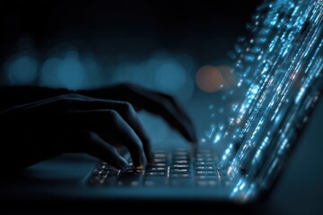 Hands typing on a laptop at night