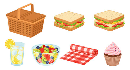 Isometric picnic scene featuring a basket sandwiches fruit salad lemonade picnic blanket and cupcake treat