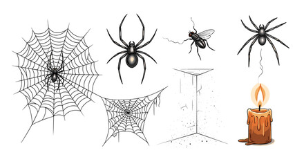 Collection of halloween themed illustrations featuring spiders webs a fly and a burning candle artfully drawn