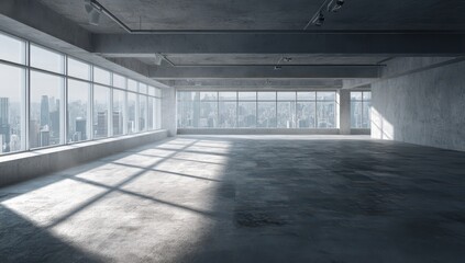 Sunlit empty loft space with expansive city views through large windows, showcasing a raw concrete aesthetic