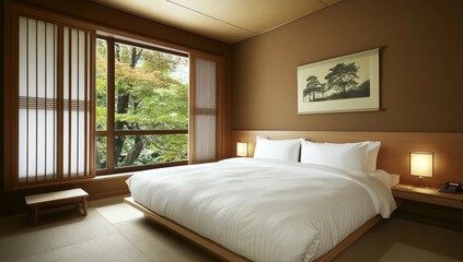 Japanese-style bedroom with large window overlooking trees