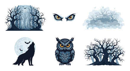 Collection of spooky halloween themed images including trees owl wolf and glowing eyes in a collage style
