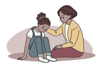 A tender moment: A kind mother comforts her daughter who is experiencing sad and grief emotions.