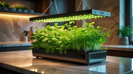 Indoor Hydroponic Garden with LED Grow Light on Marble Countertop – Smart Plant Growing System