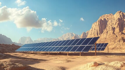 Solar panels in desert landscape under a clear sky.