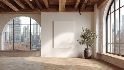 Sunlit loft interior with arched windows showcasing a cityscape view, hardwood floors, a blank canvas, and potted plant