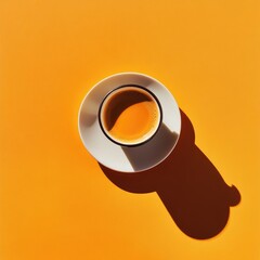 A single espresso cup sits on a saucer, cast in shadow against a vibrant orange background