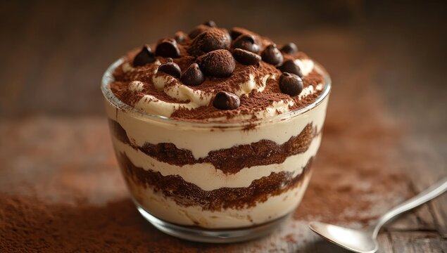 Layered dessert in a glass bowl, topped with cocoa and chocolate chips