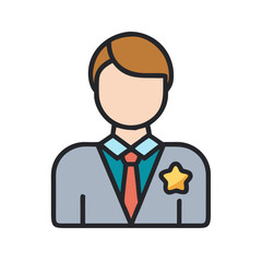 Cartoon police officer in gray suit with sheriff badge