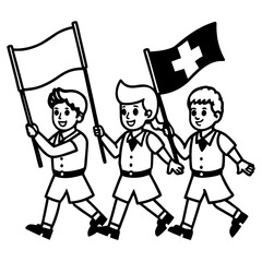 Children celebrating with swiss flags in a national parade or event