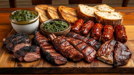Traditional Argentine dish with assorted grilled meats including ribs, chorizo, and short ribs, served with chimichurri sauce and rustic bread on a wooden table 