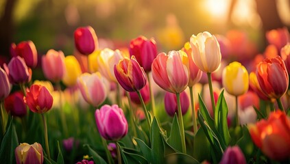 Obraz premium Vibrant tulips in a sunlit field