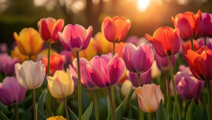 Vibrant tulip field at sunset