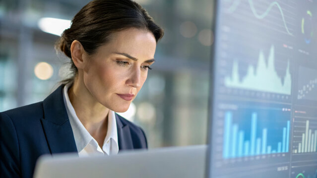 Job labor employment, unemployment. Businesswoman, professional, office, computer, and data analysis, focused on financial charts . Hiring rate, economic growth, opening workforce market