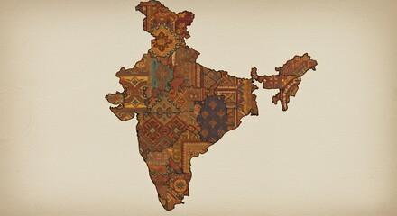 Intricate patterned map of India, showcasing diverse regional designs in rich autumnal hues.