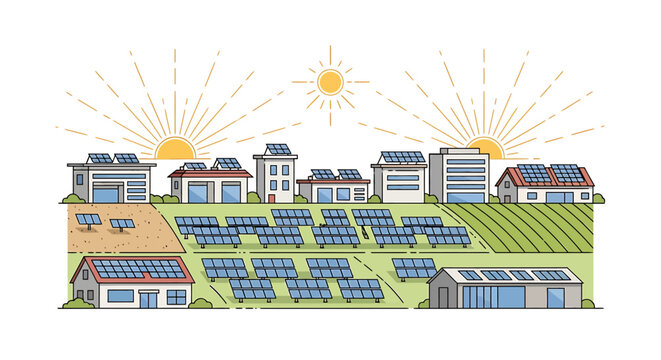 Solar Panel Array on Hillside with Houses and Sunbursts in Clean Energy Illustration