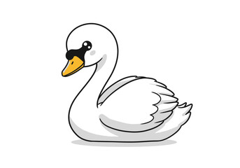 A cartoon swan with white body and blackandyellow beak resting on a white background with subtle shadow