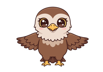 A cartoonish owl with large eyes  open wings rendered in brown hues with a lightcolored face  a yellow beak