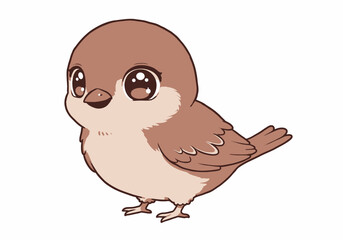 A cute animestyle sparrow stands with large eyes brown plumage and simplified features