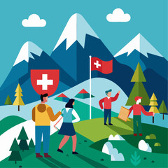Obraz premium Scenic swiss alps mountain landscape with people enjoying the view