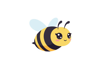 A cute bee illustration with black stripes antennae and transparent wings on a white background