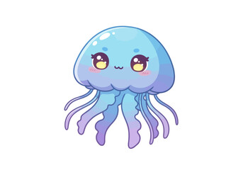 A cute blue cartoon jellyfish with big eyes and a tiny smile