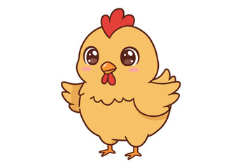A cute cartoon chicken with a red comb big eyes and a small beak is standing on a white background