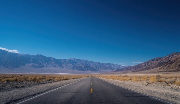 A long, straight asphalt road vanishes into a vast, arid valley framed by imposing, sunlit mountains under a clear, deep blue sky