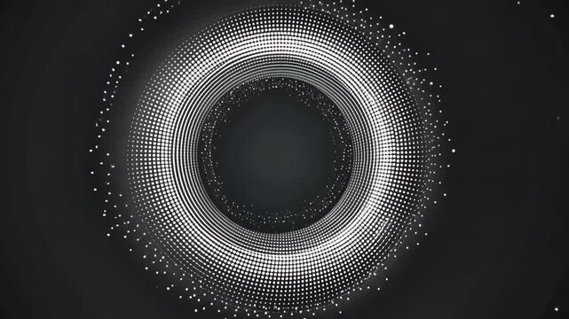 Abstract circular pattern with dots on a dark background. The design features a central void surrounded by concentric circles of varying sizes. Generative 4k video.