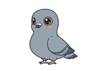 A cute cartoon pigeon with big eyes standing against a plain white background