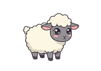 A cute cartoon sheep with large eyes and fluffy white wool stands on a white background