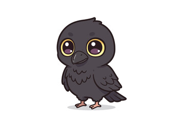 A cute cartoonstyle crow with big eyes standing against a white background