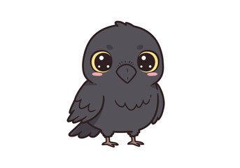 A cute cartoonstyle black crow with big yellow eyes and pink cheeks stands against a white background