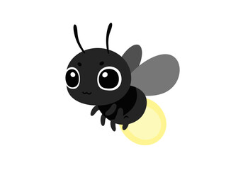 A cute cartoonish firefly with big eyes simple wings and a glowing tail
